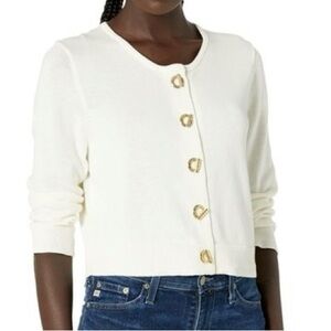 Calvin Klein Cream Cropped Cardigan with Gold-Tone Buttons 3/4 sleeves